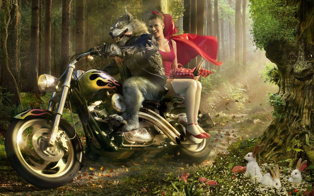 Волк и красная шапочка на мотоцикле