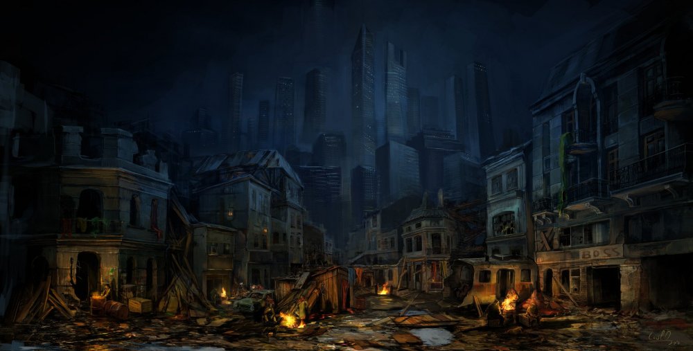 Разрушенный город ночью