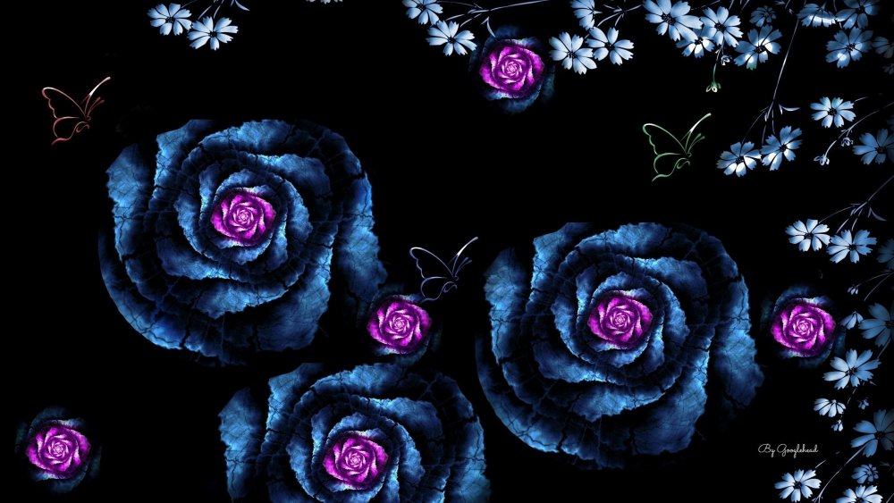 Синие цветы на черном фоне