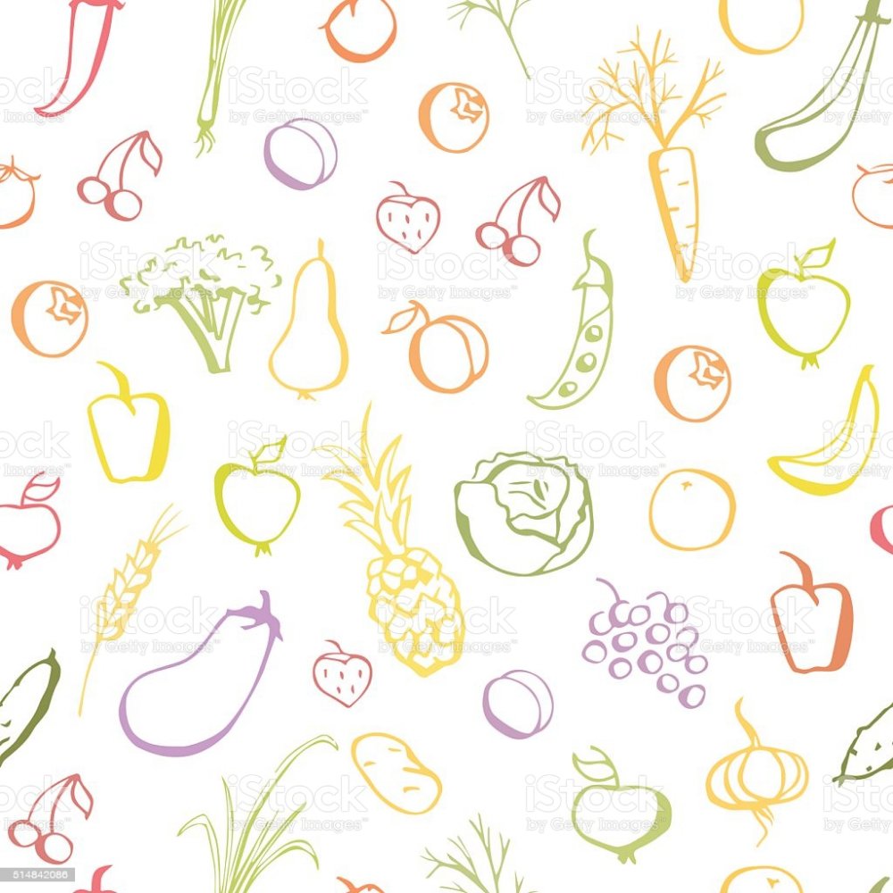 Светлый фон с нарисованными овощами и фруктами