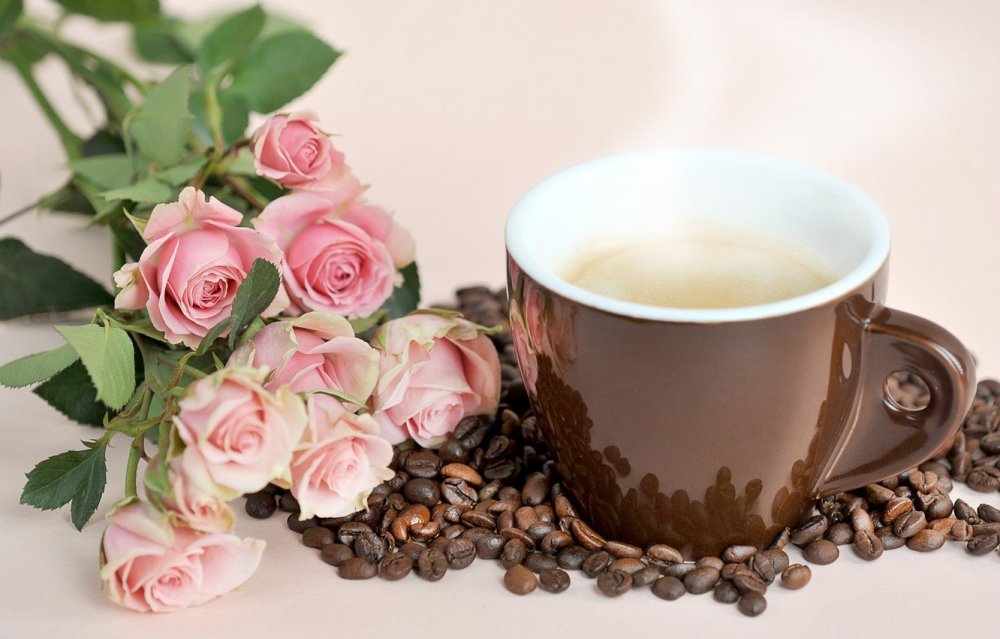 Чайные розы и чашка кофе