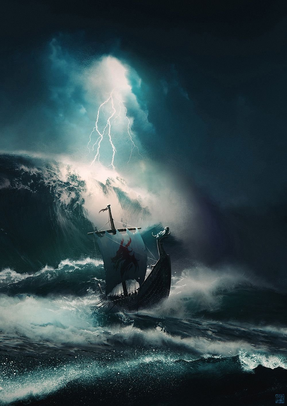 Дракар викингов в шторме картина
