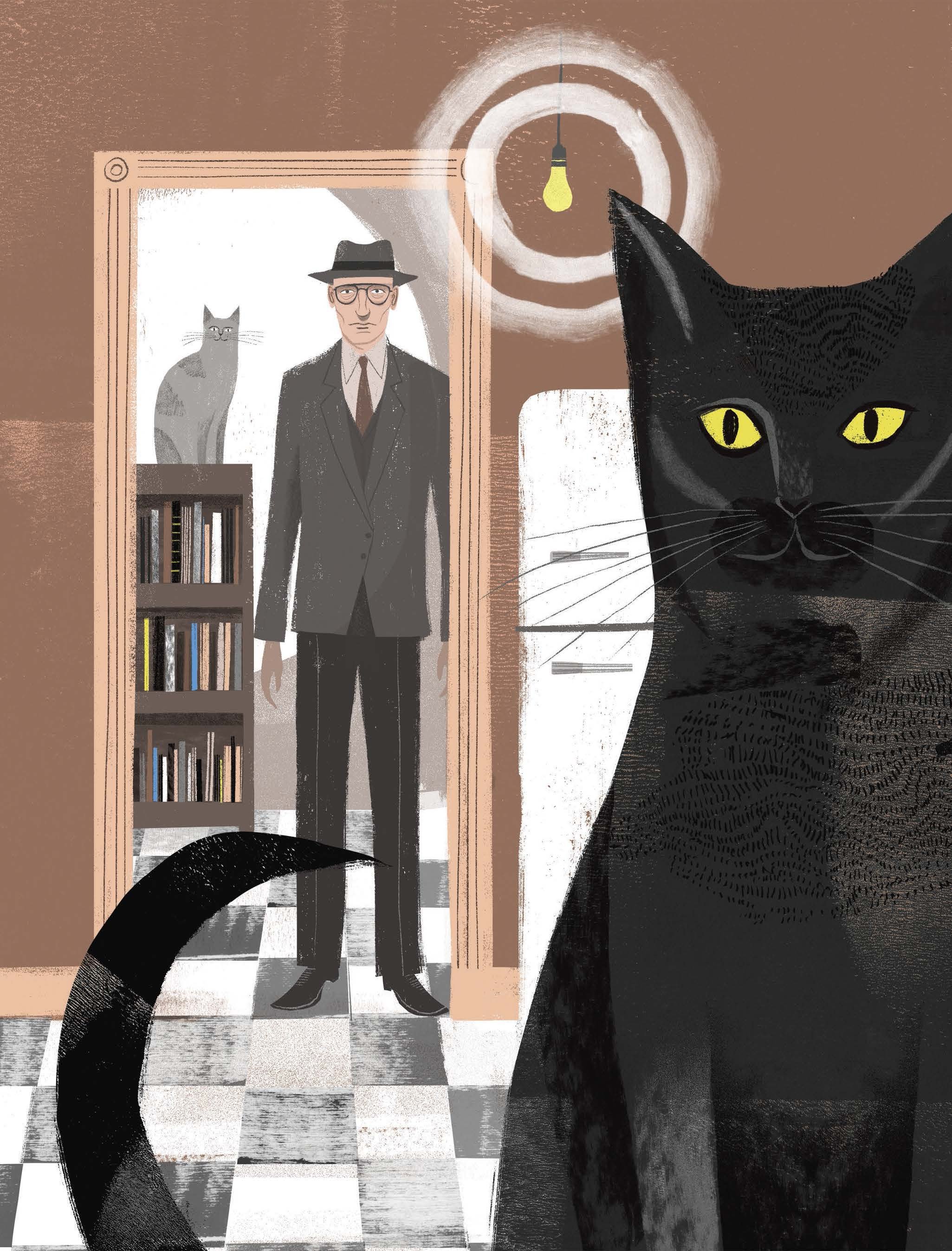 Книги человек человеку кот. Уильям Берроуз с котом. Парень с черной кошкой. Мужчина и черная кошка. Деловой кот.