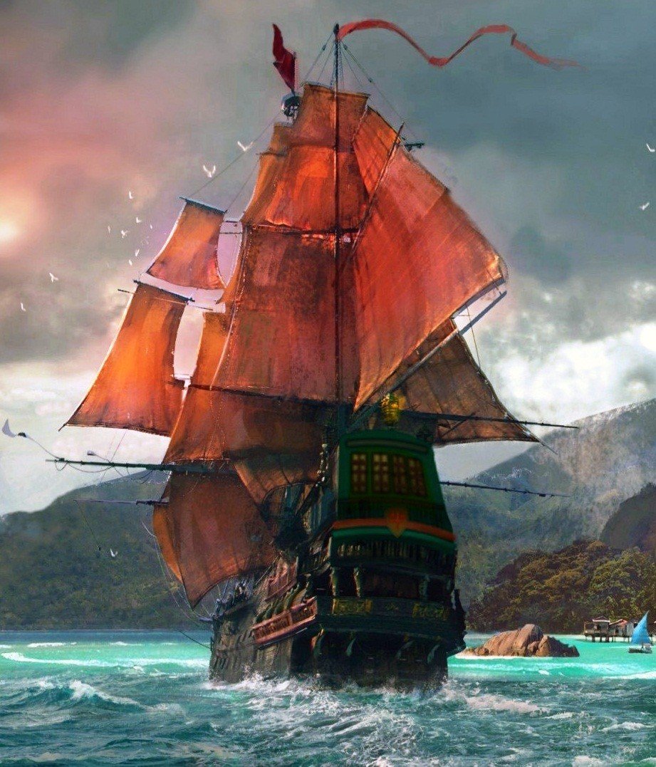 Корабль с красными парусами картина