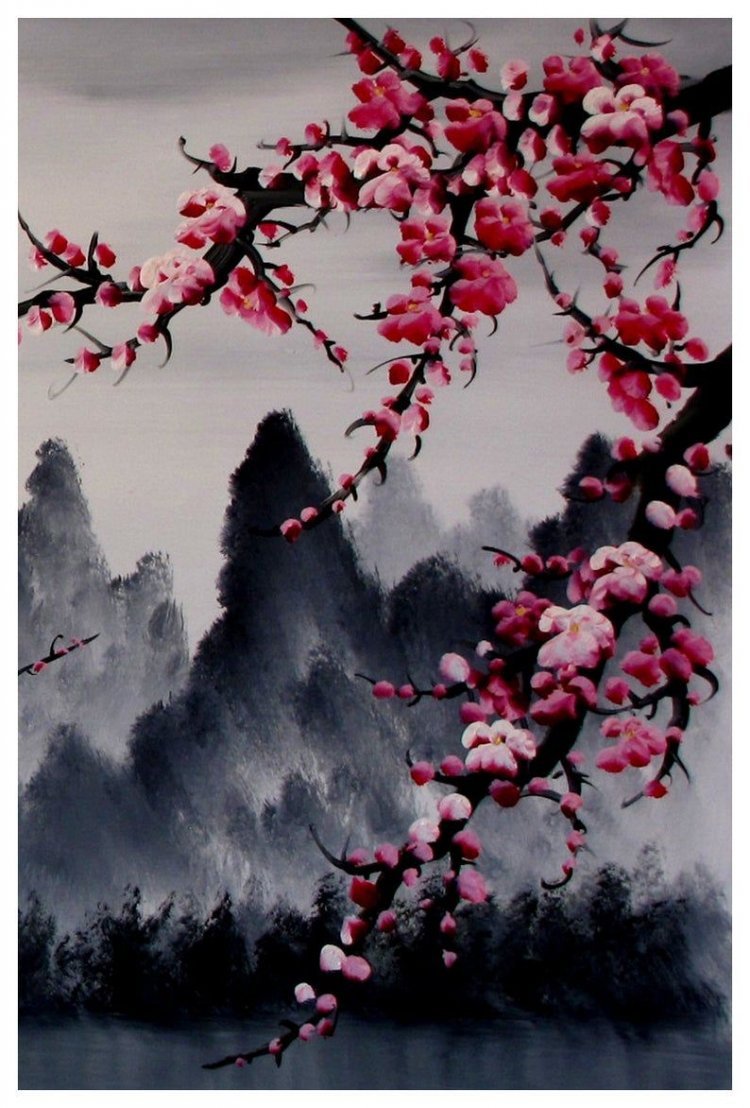 Гохуа китайская живопись горы и Сакура дерево