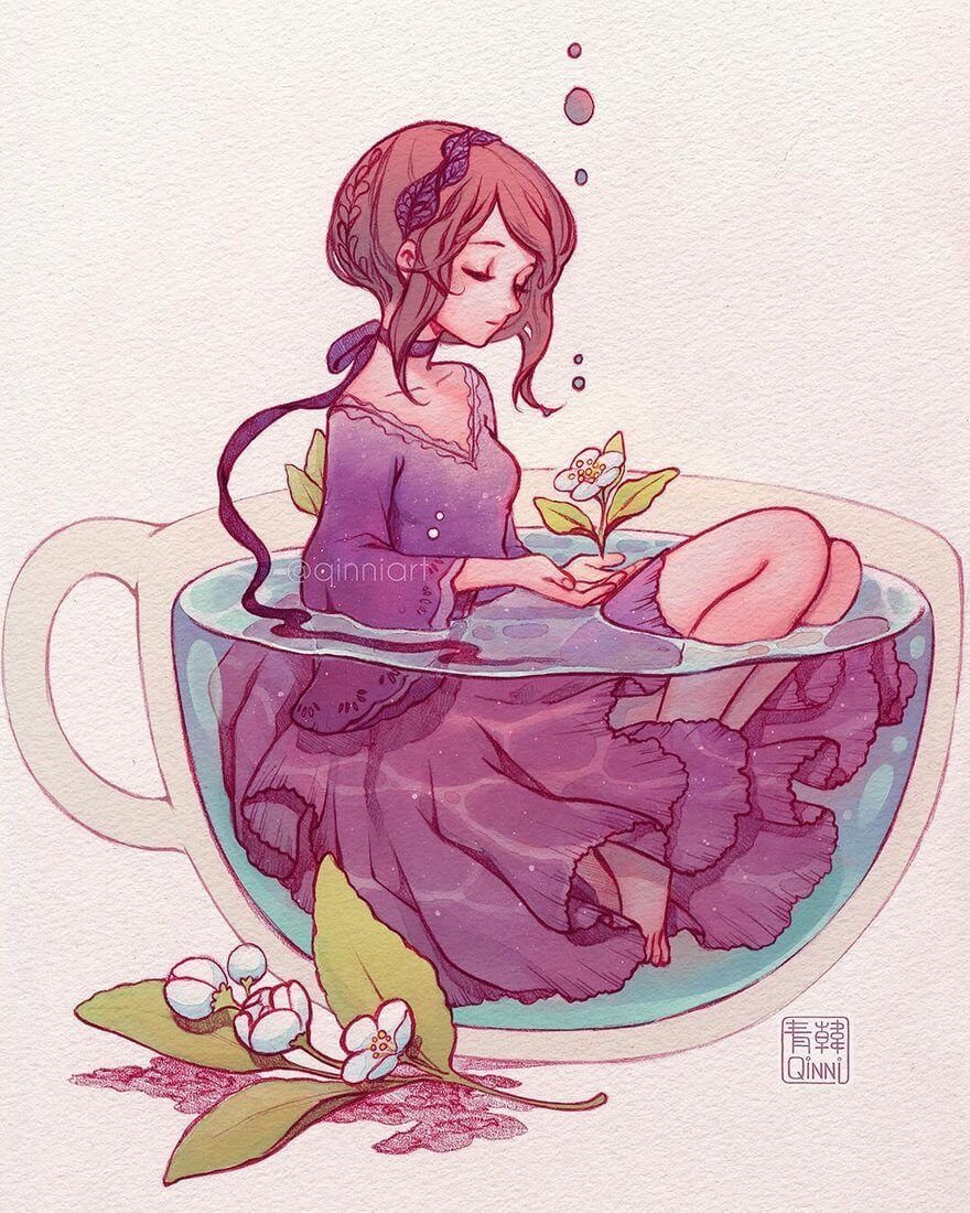 Арт девочка пьёт чай