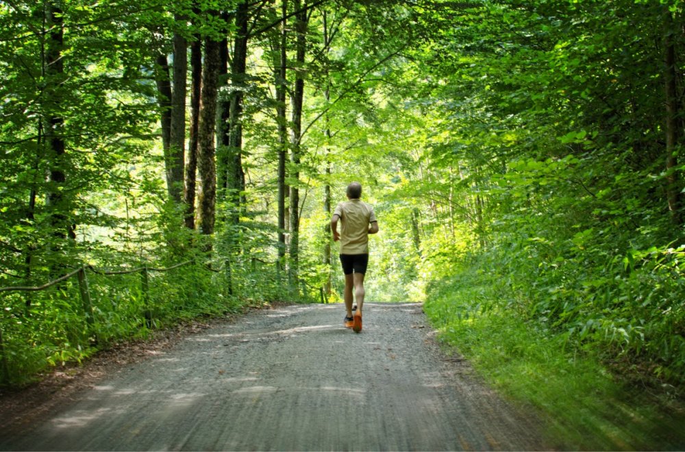 Человек бежит по лесу