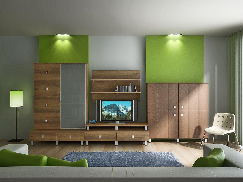 Зеленая корпусная мебель в гостиной