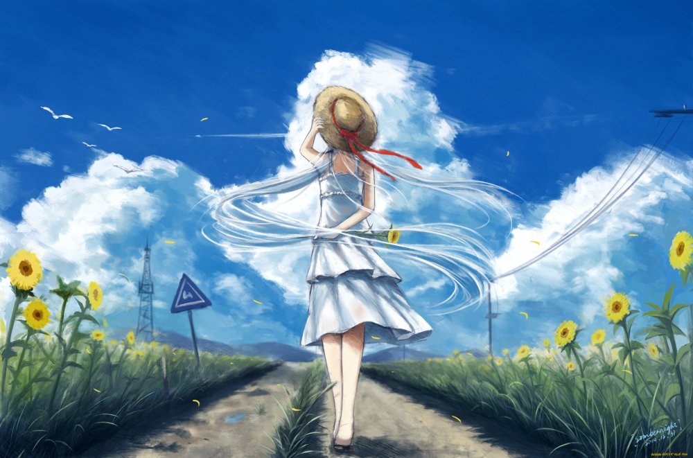 Девушка в поле аниме арт