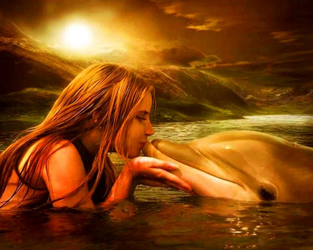 Дельфины и девушка