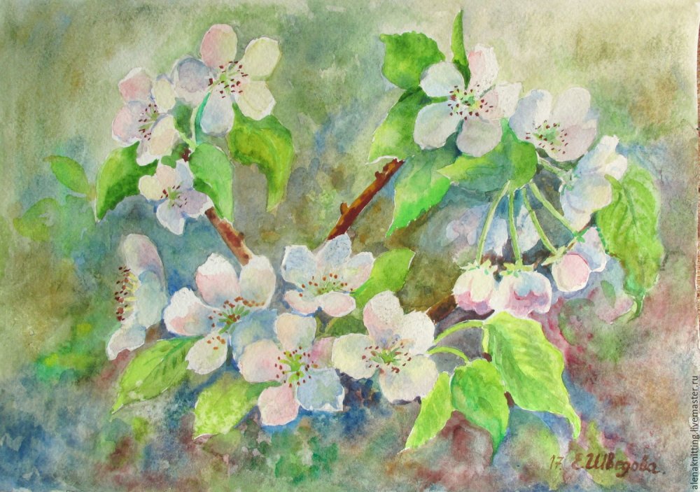 Цветущие яблони акварель
