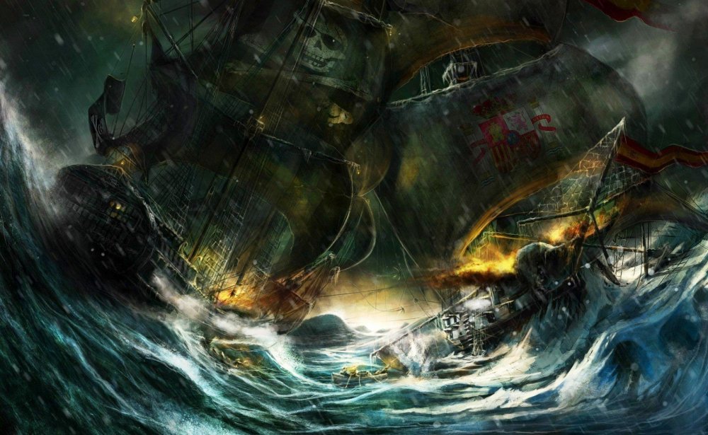 Пиратский корабль в шторм