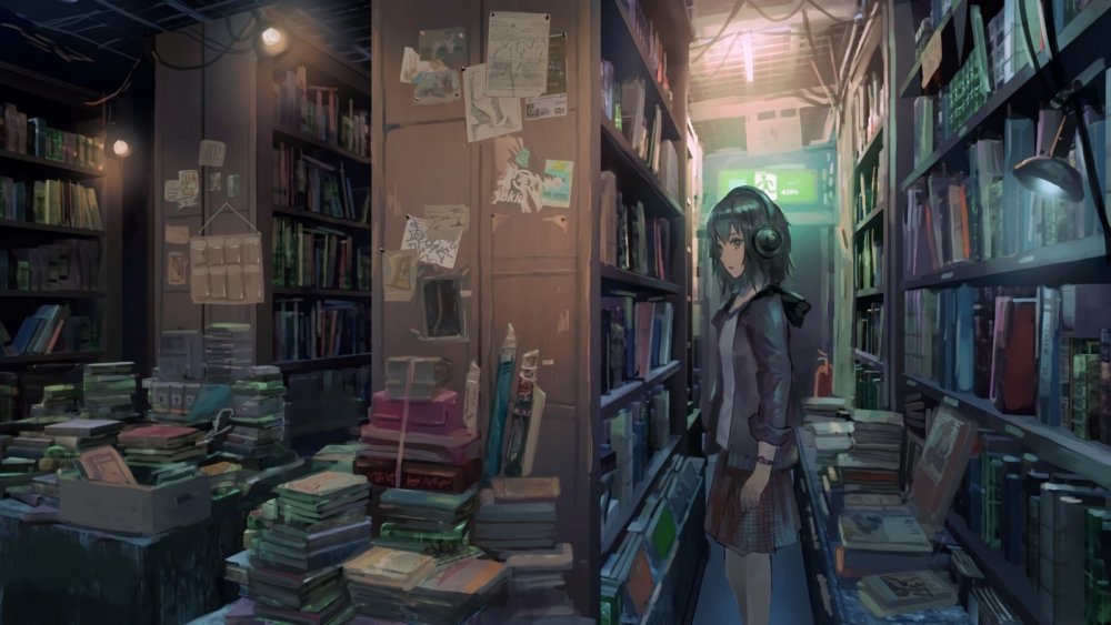 Аниме девушка в библиотеке