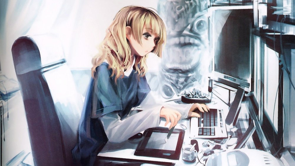 Девушка сидит за компьютером арт