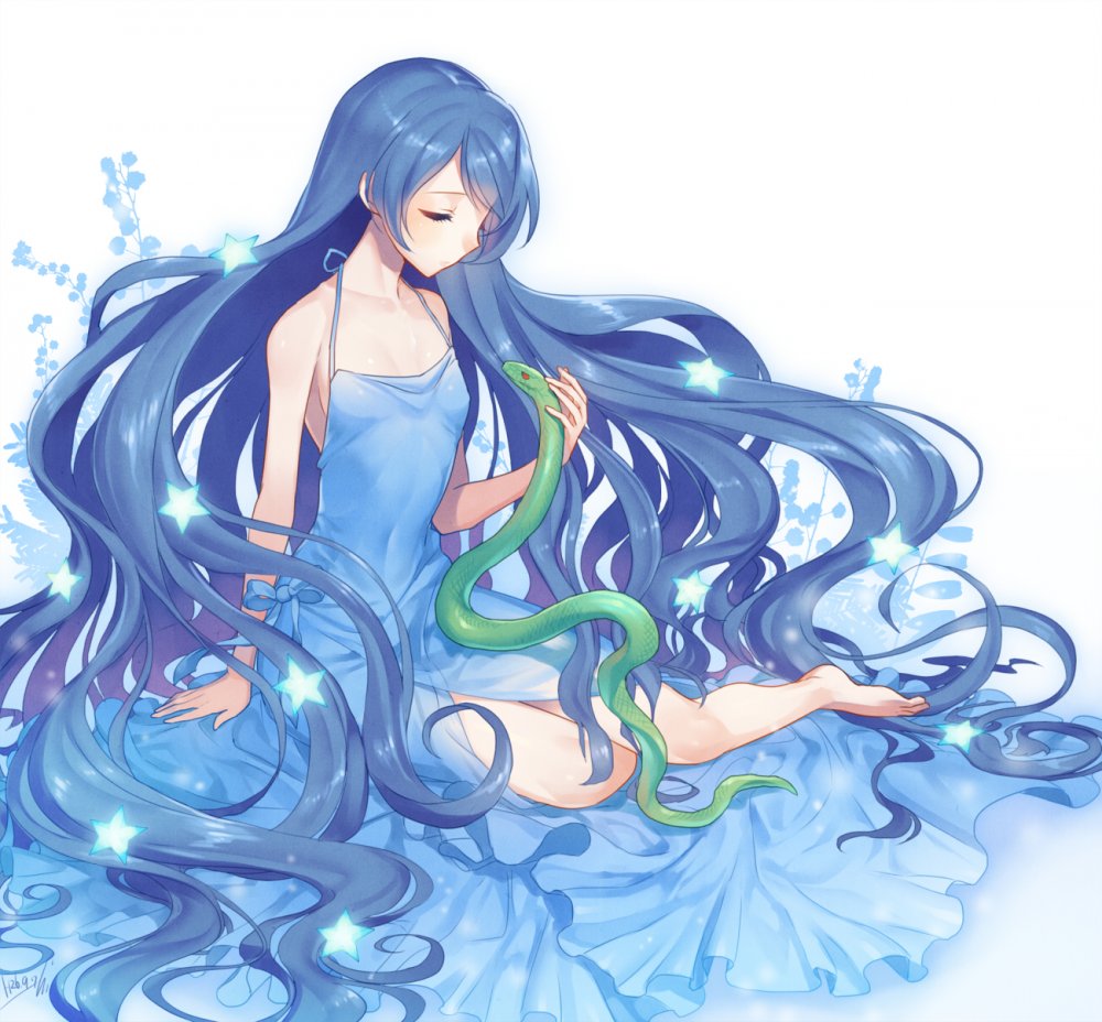 Аниме девушка с длинными синими волосами