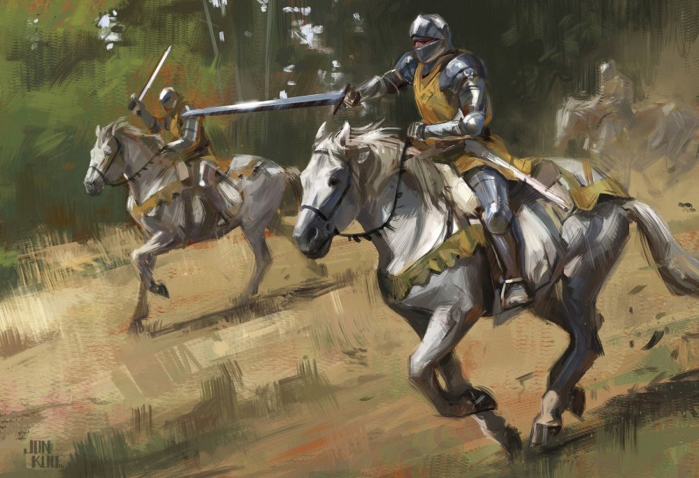 Рыцарь и оруженосец на лошадях