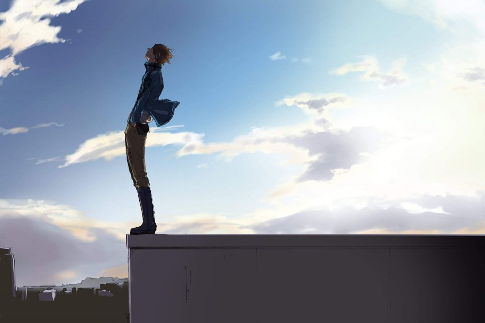 Человек падает с крыши аниме