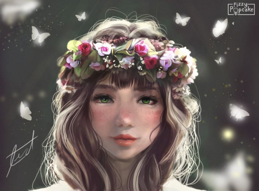 Девушка с цветами на голове арт