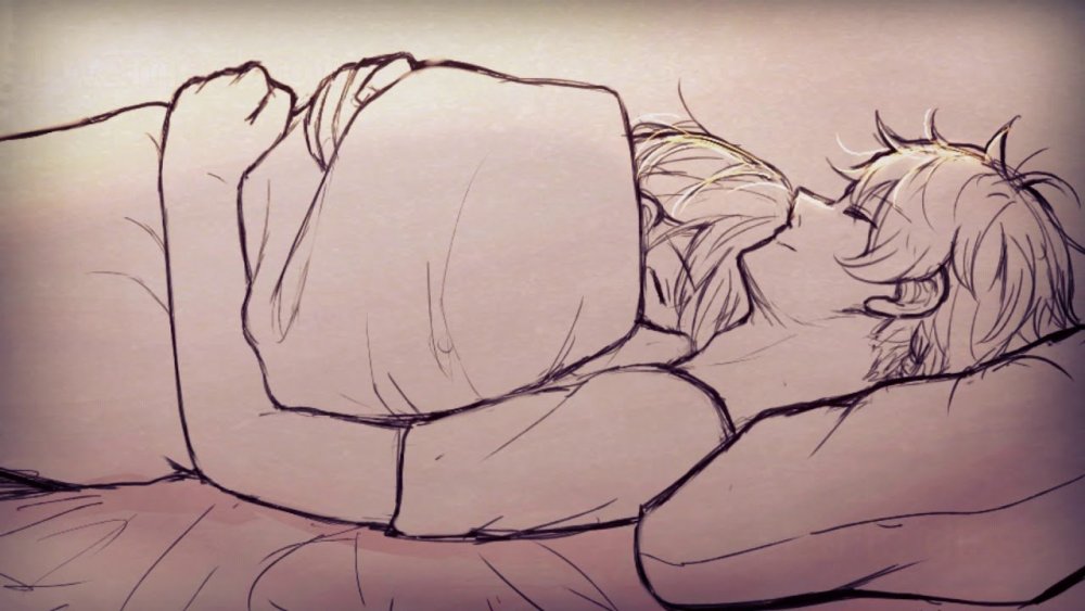 Аниме пара в кровати обнимаются