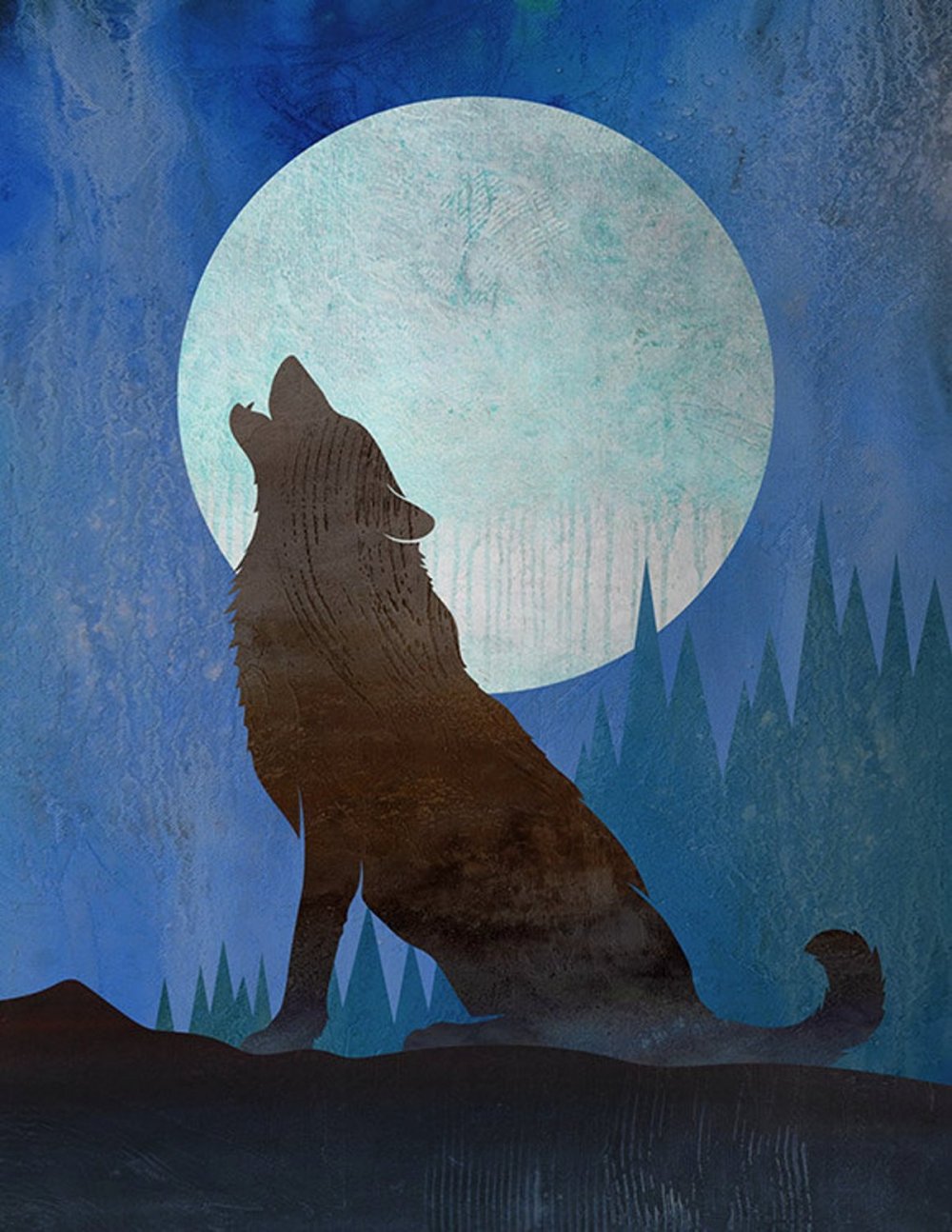 Сидящий волк воющий на луну