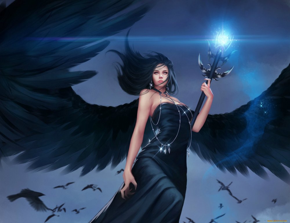 Девушка ангел с черными крыльями