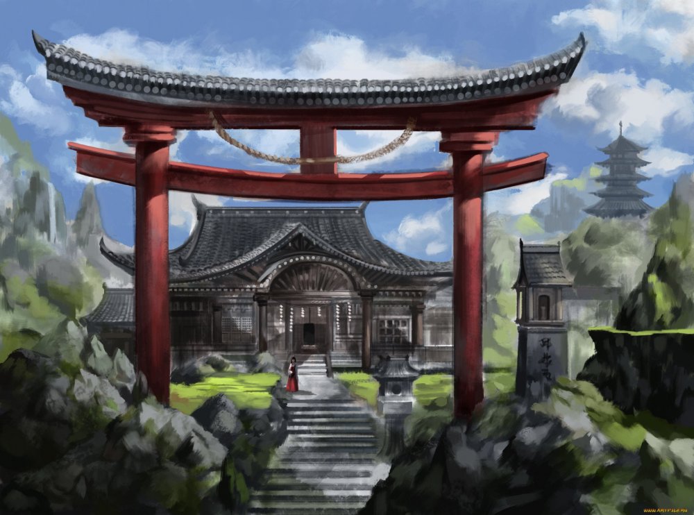Синтоистский храм в Японии аниме