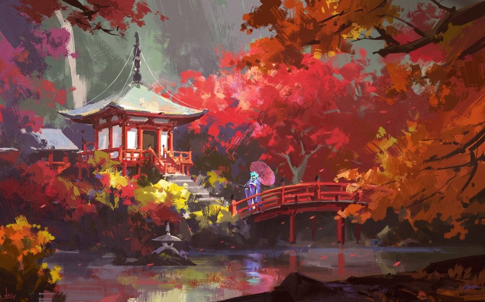 Японские пагоды Япония живопись осень