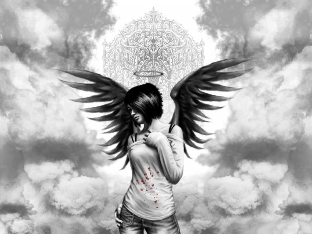 Ангел с черно белыми крыльями