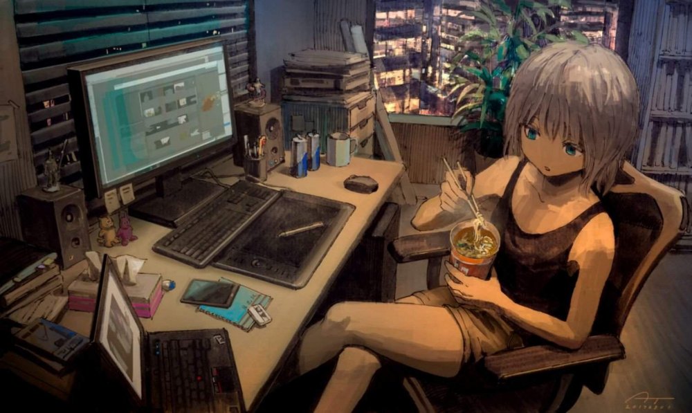 Мальчик из аниме за компьютерным столом