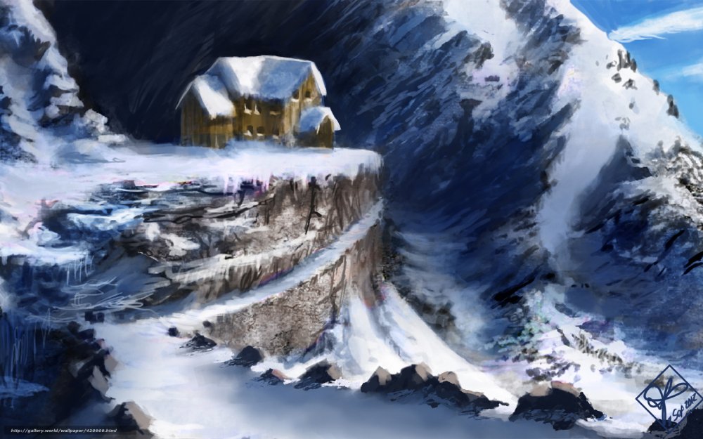 Сказочный домик в снежных горах