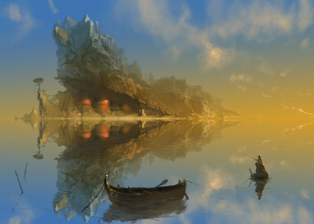 Живопись фэнтези туман река лодка человек