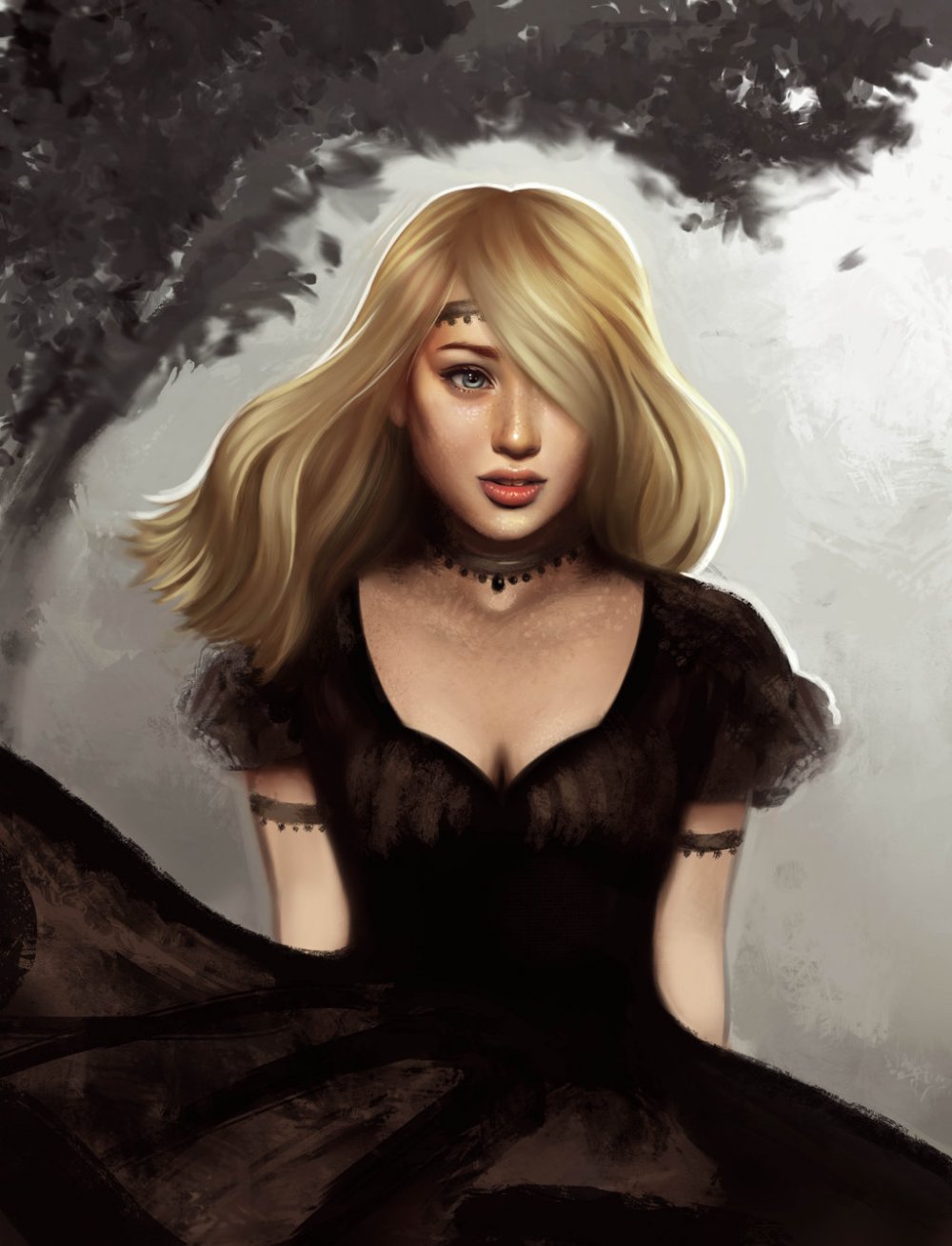 Блондинка в черном платье арт