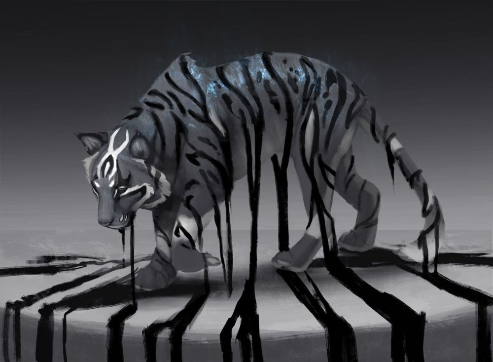 Чёрный тигр с белыми полосками арт