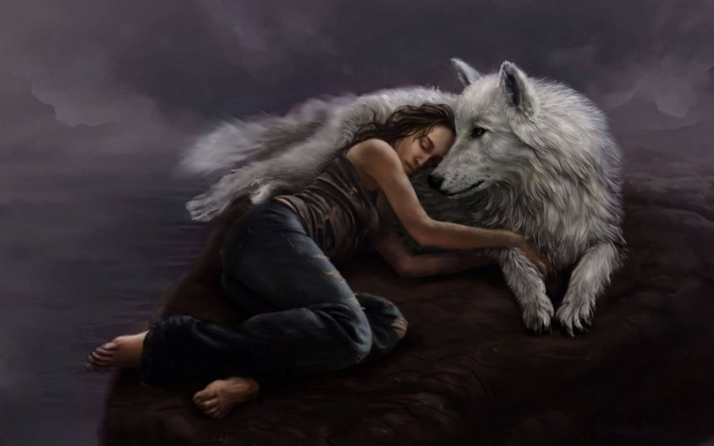 Девочка обнимает волка