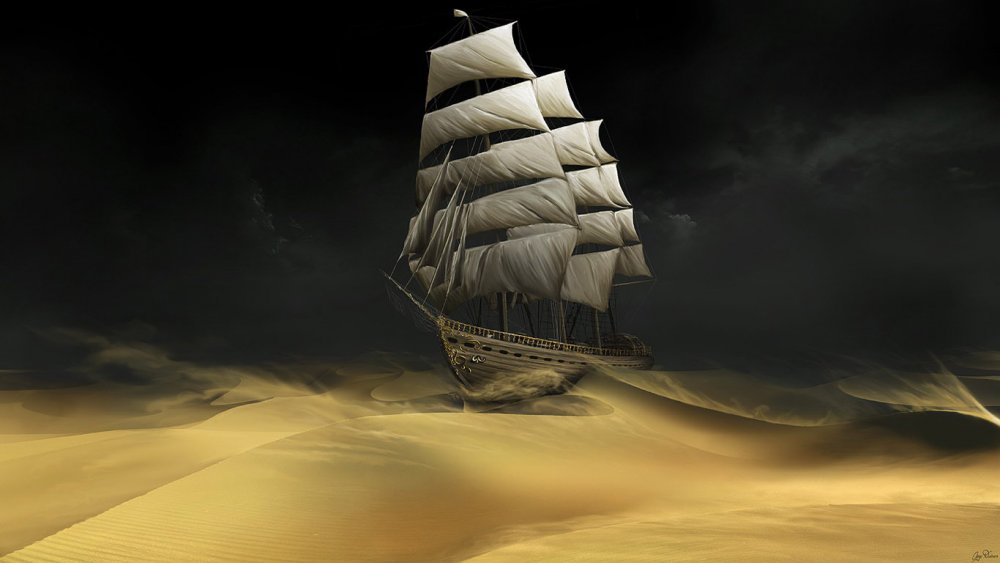 Картина корабль в пустыне
