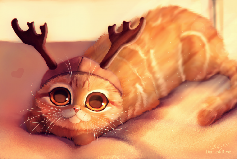 Котик в шапочке с оленьими рожками