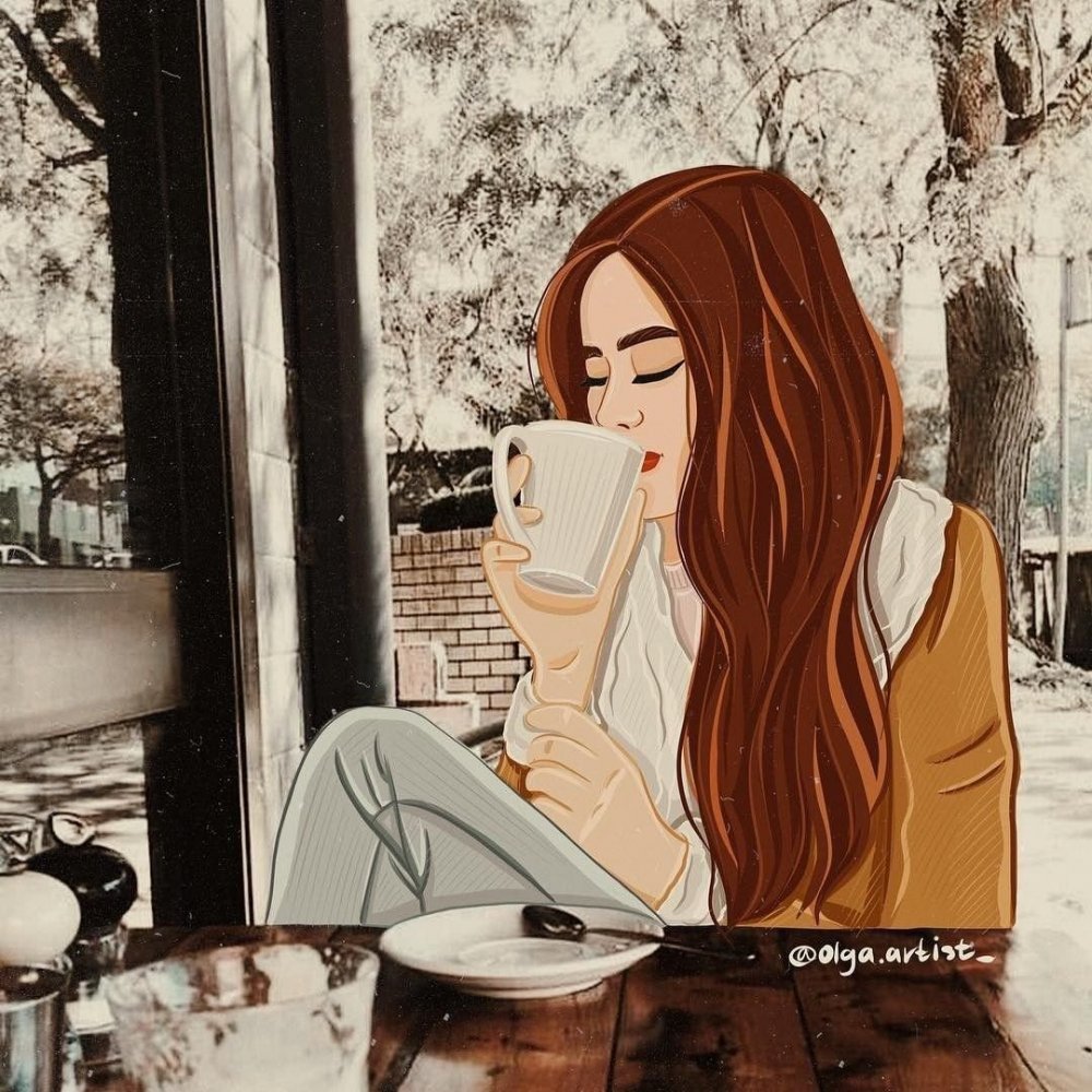 Девушка пьет кофе арт