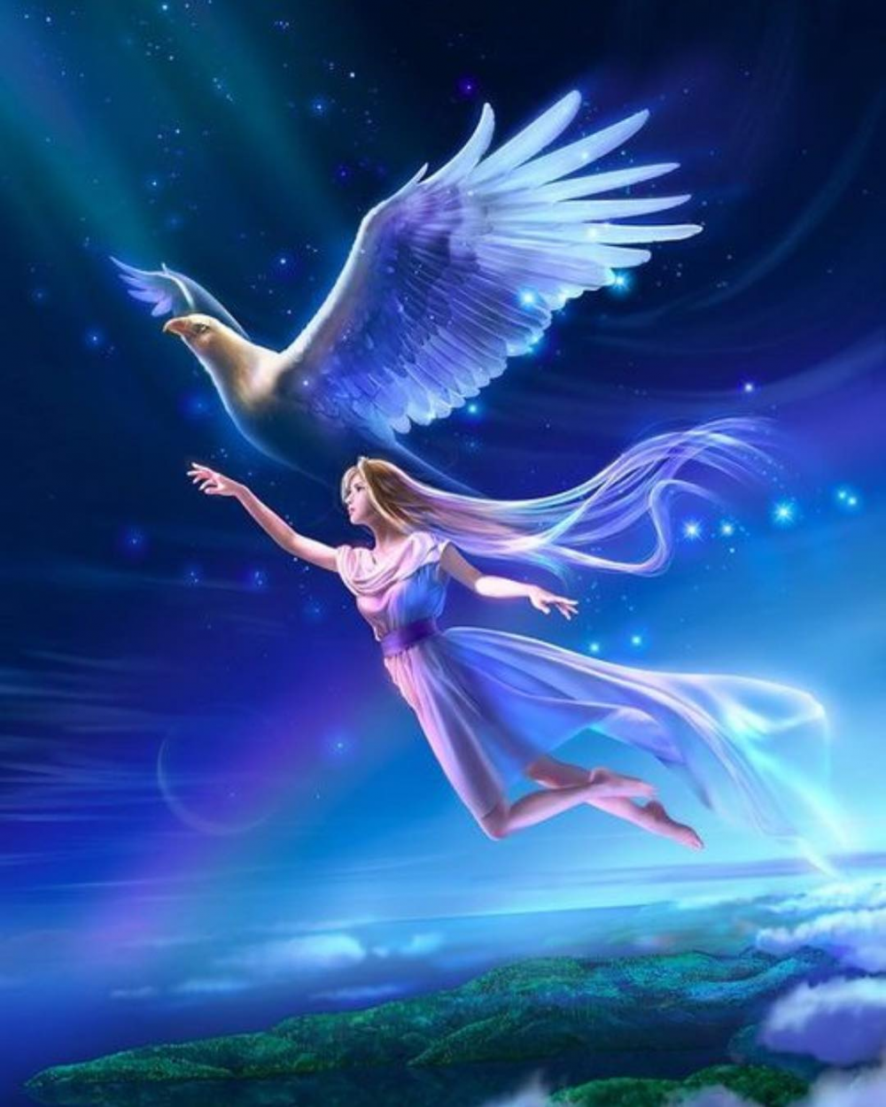 Ангелы мечтают. Полет души. Девушка с крыльями в небе. Ангелы летают. Волшебная птица.