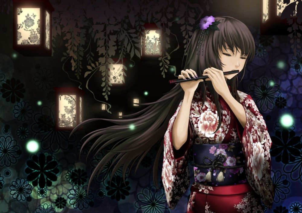 Аниме девушка в кимоно с черными волосами