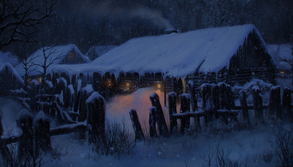 Зима в деревне арт