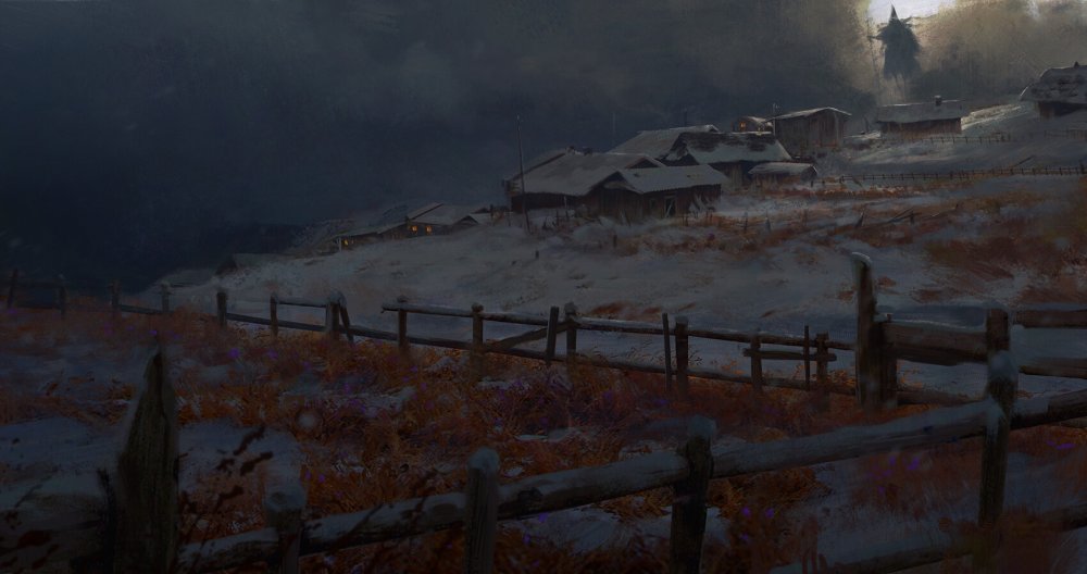 Мрачная зимняя деревня арт