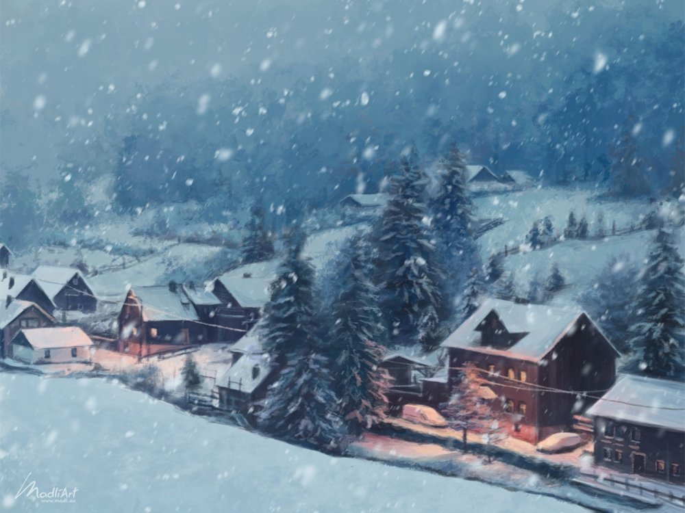 Деревня в снегу арт