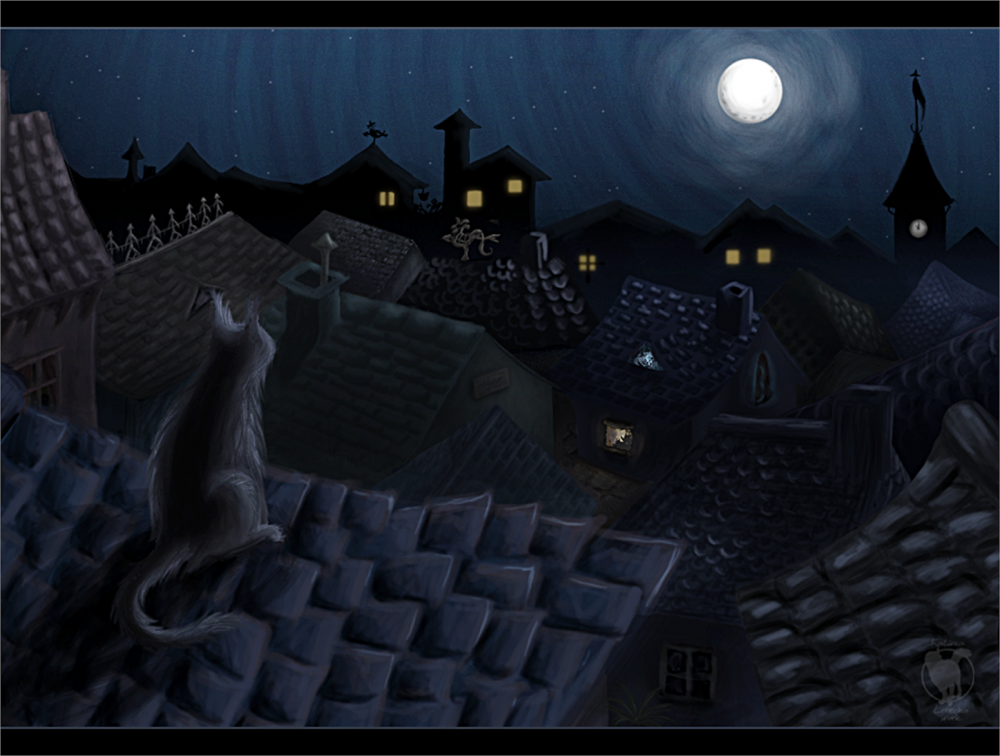 Кот на крыше ночью