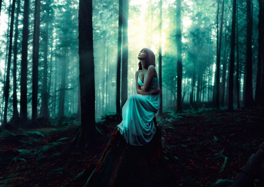 Девушка в мрачном лесу