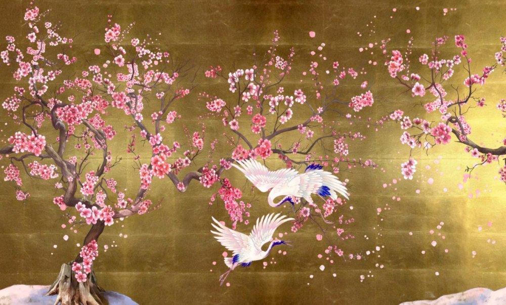 Японская живопись Журавли и Сакура