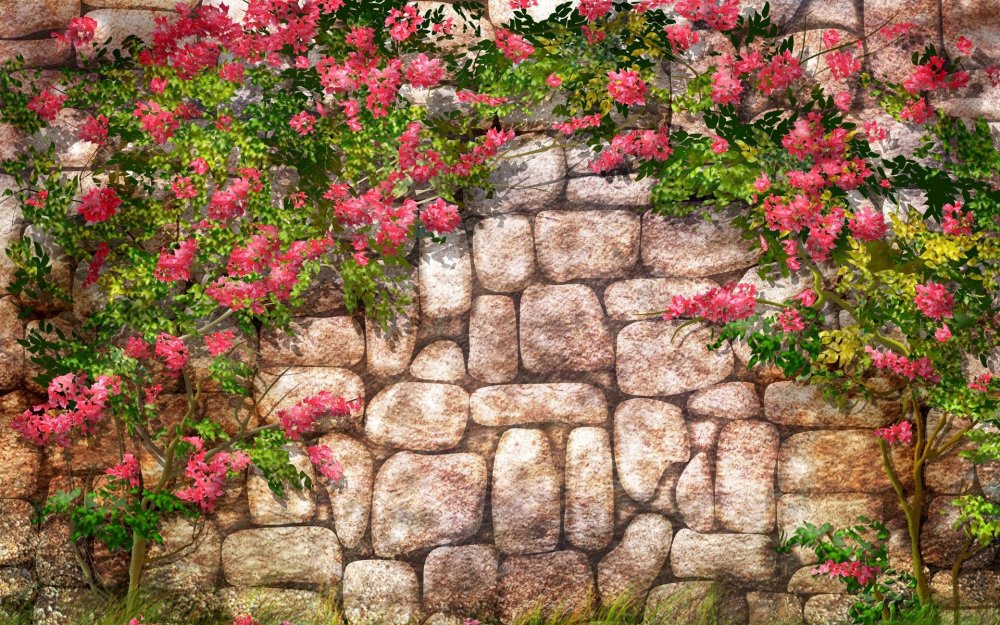 Каменный забор с цветами