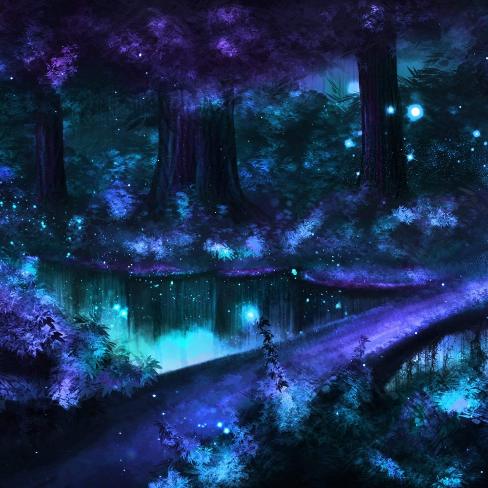 Аниме фон лес со светлячками