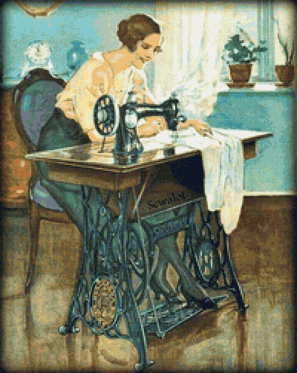 И т д опытные. Швейная машинка в живописи. Швея. Швейные иллюстрации. Девушка со швейной машинкой.