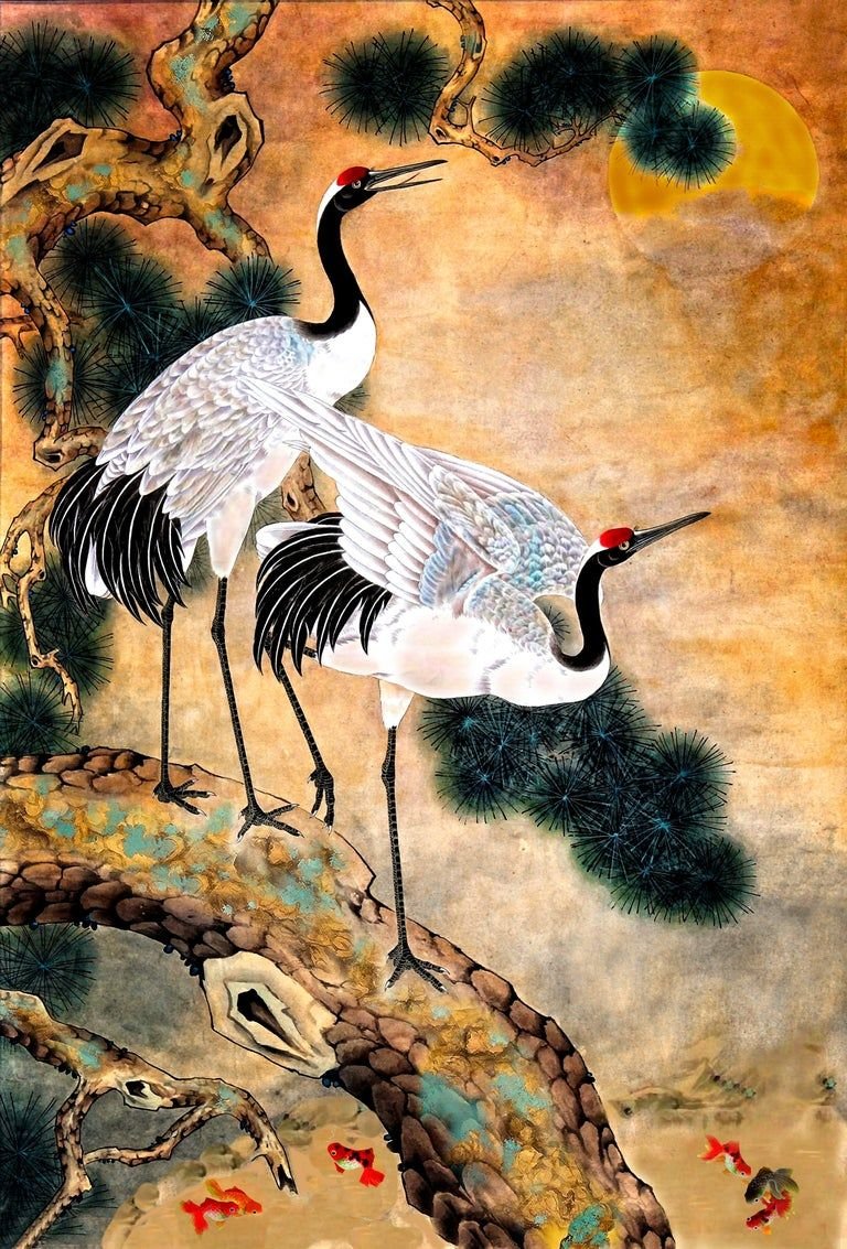 Японский журавль гравюра живопись