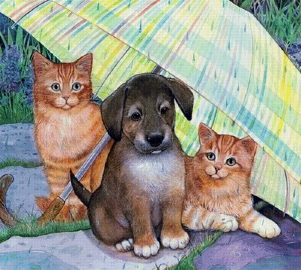 Картина котенок и щенок